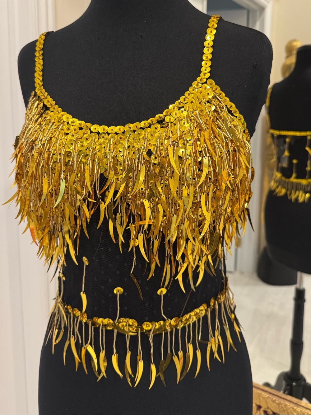 Gold Sequin Fringe camisole hand beaded Top sheer mesh, midriff, and back
